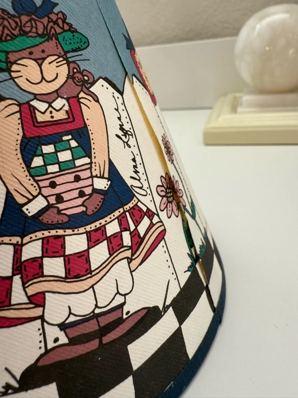 Vintage Alma Lynne Cats Blue and White Folk Art Clip On Lamp Shade